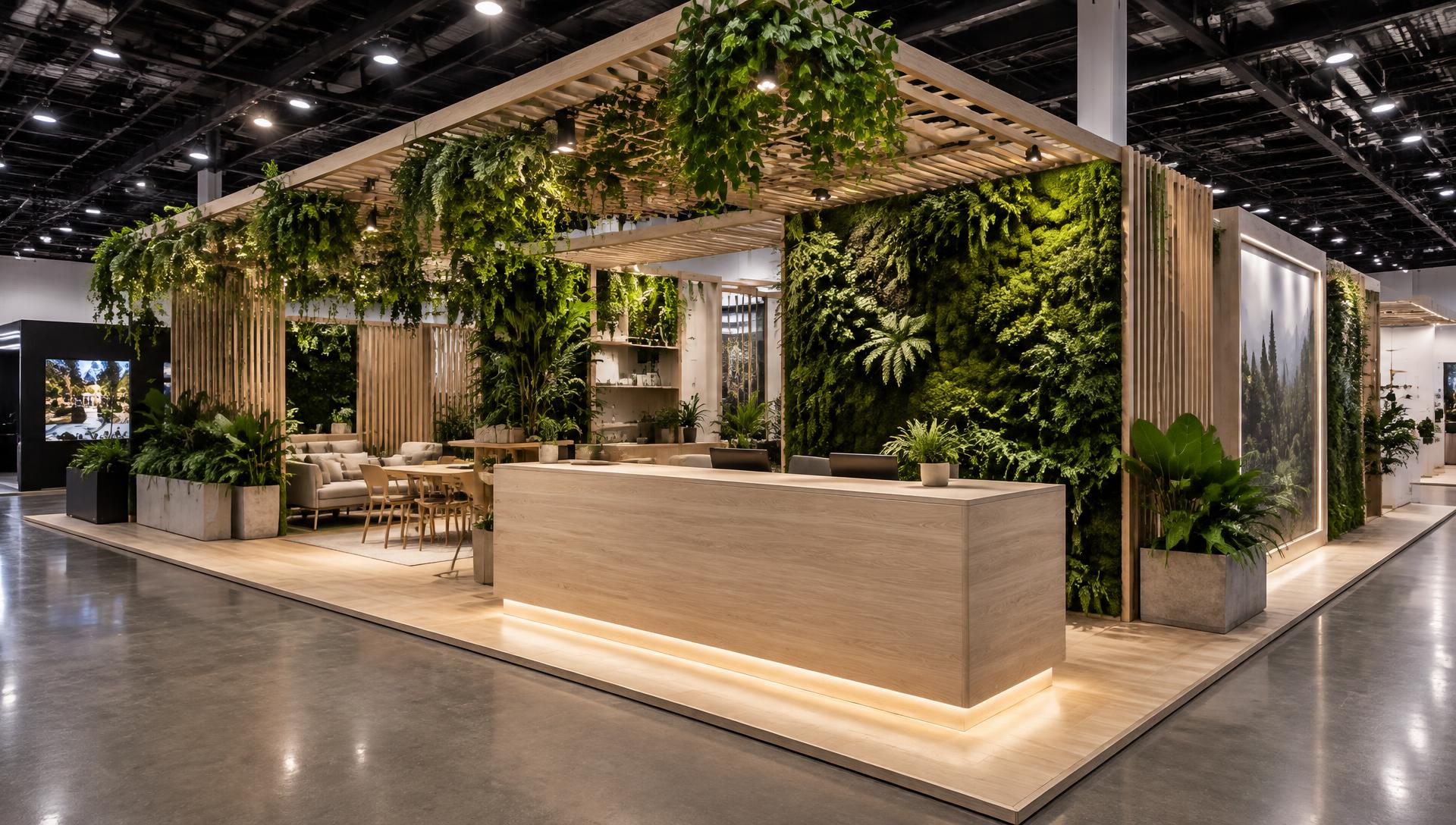 Illustrative concept: biophilic exhibition pavilion with suspended greenery canopy and oak counter